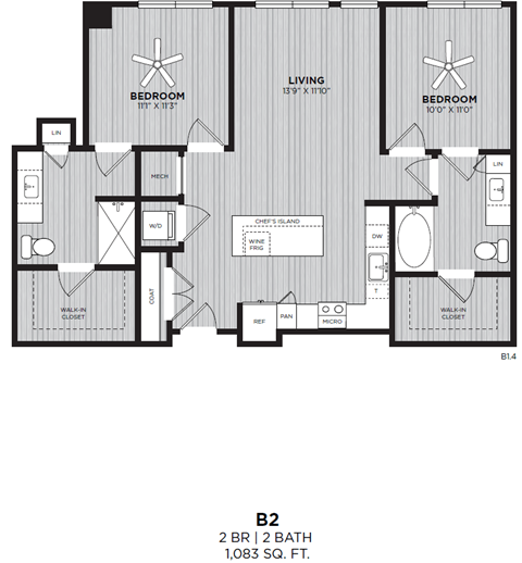 A black and white image of a floor plan for a 2 bedroom, 2 bath house.